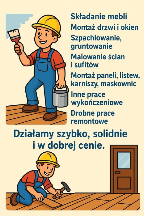 Prace remontowe, wykonczenia. Malowanie, montaż paneli.Szybkie terminy