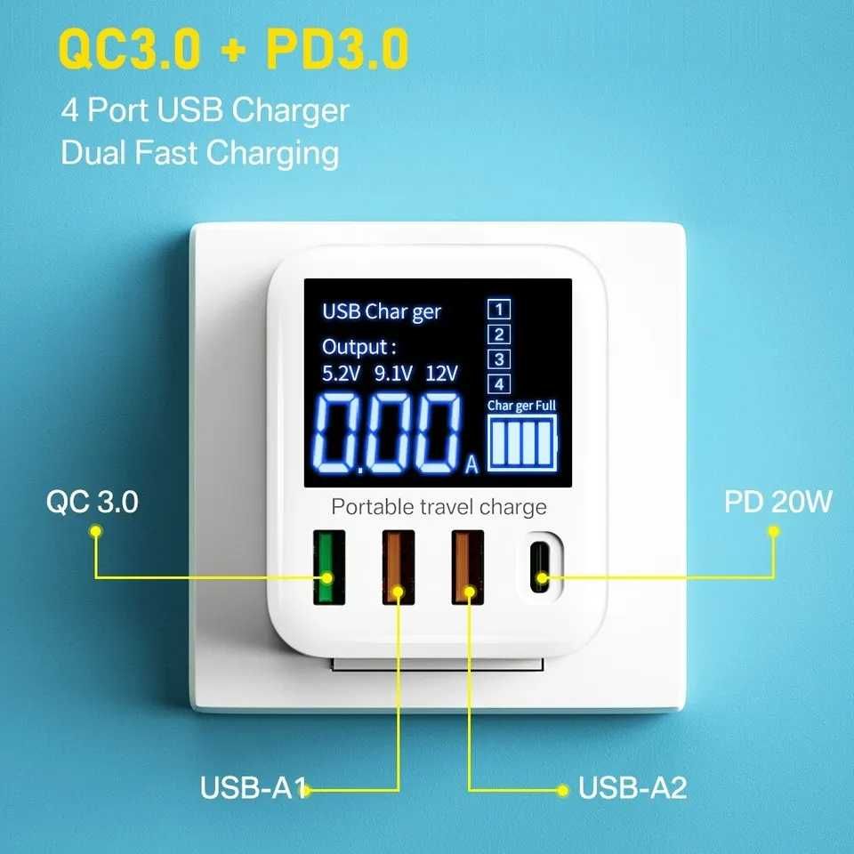 Szybka ładowarka ASOMETECH 40W USB 4-portowa z wyświetlaczem LED