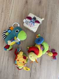 4 pluszowe zabawki: Tomy Lamaze, 2 kostki, spirala na pałąk