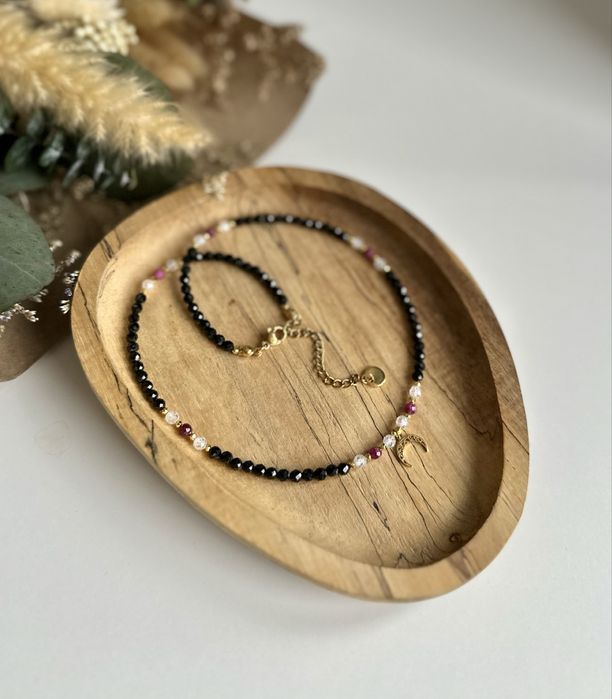 Naszyjnik z kamieni naturalnych czarny turmalin rubin kryształ górski