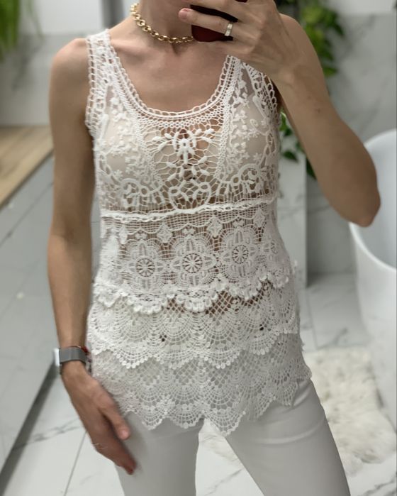 Bluzka biala z gipiury koronki styl boho na lato upaly siatka 34