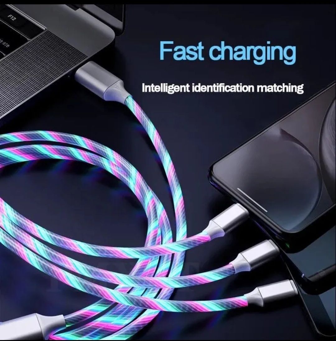 Светодиодный зарядный кабель, для Android type C, Apple,  3 в одном