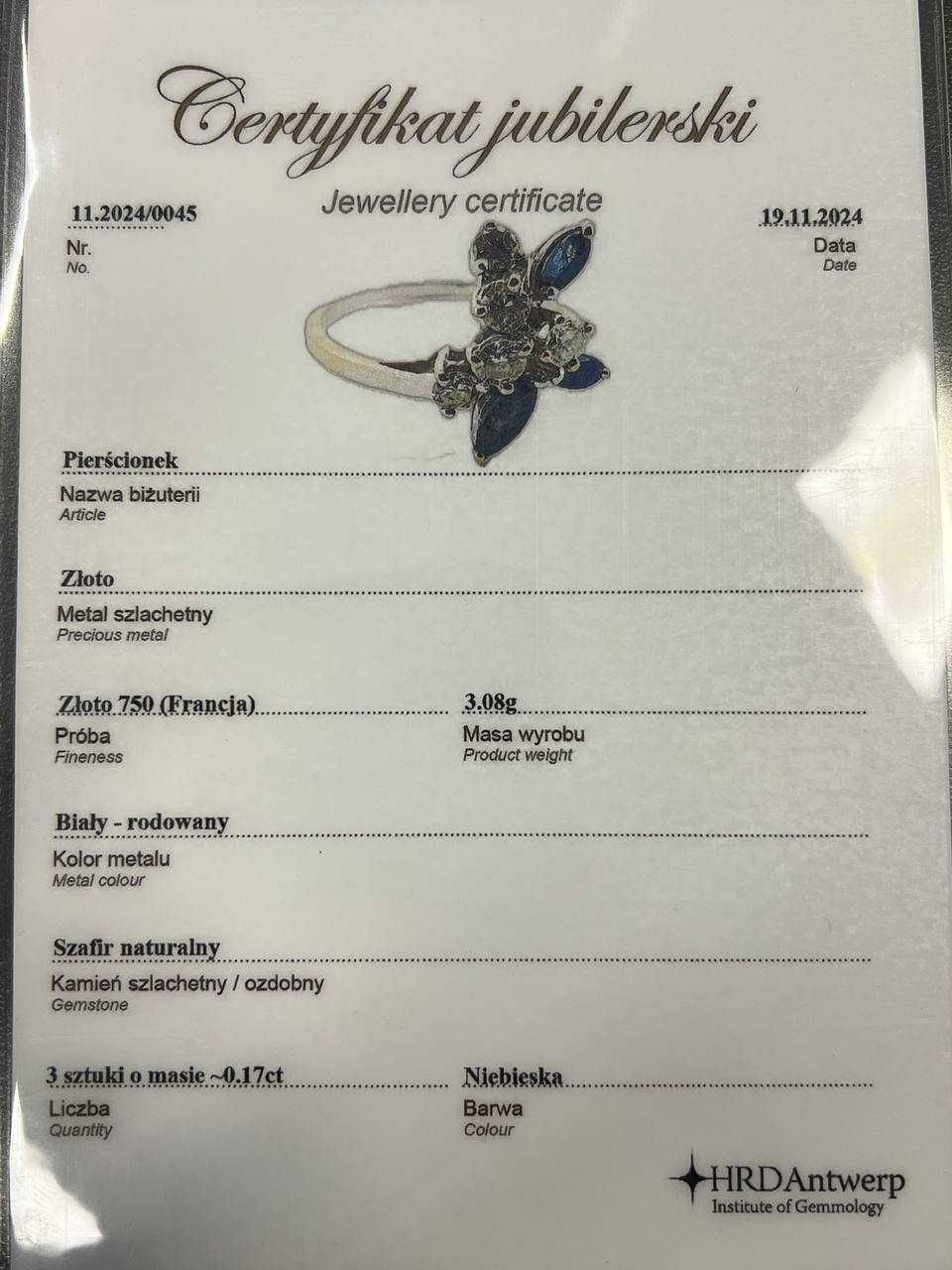 Złoty pierścionek z brylantami i Szafirem 0.36 ct