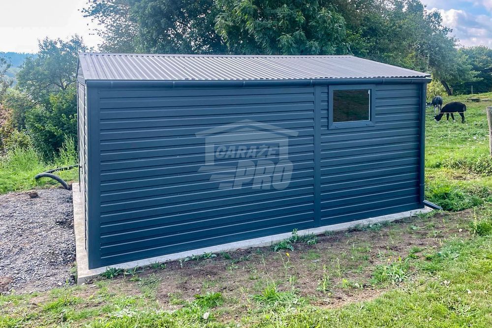 Garaż blaszany 4,5x5m Brama uchylna okno antracyt rynny dach GP422