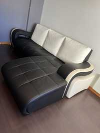 Sofa em pele com chaise longue - Preto e Branco