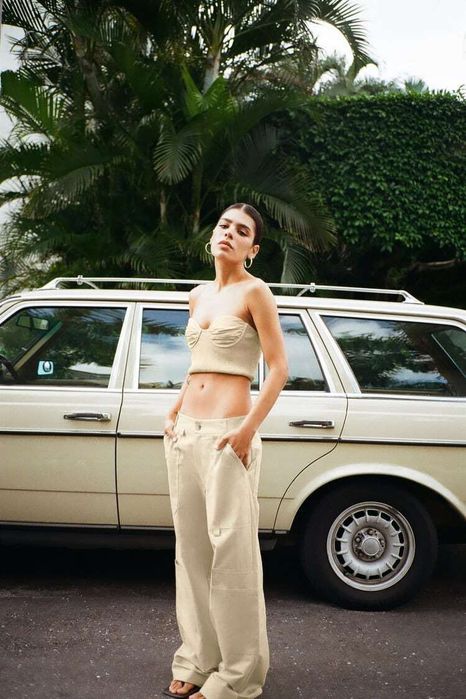 Лляні жовті брюки ZARA прямі на талію льон льняные желтые котон осень