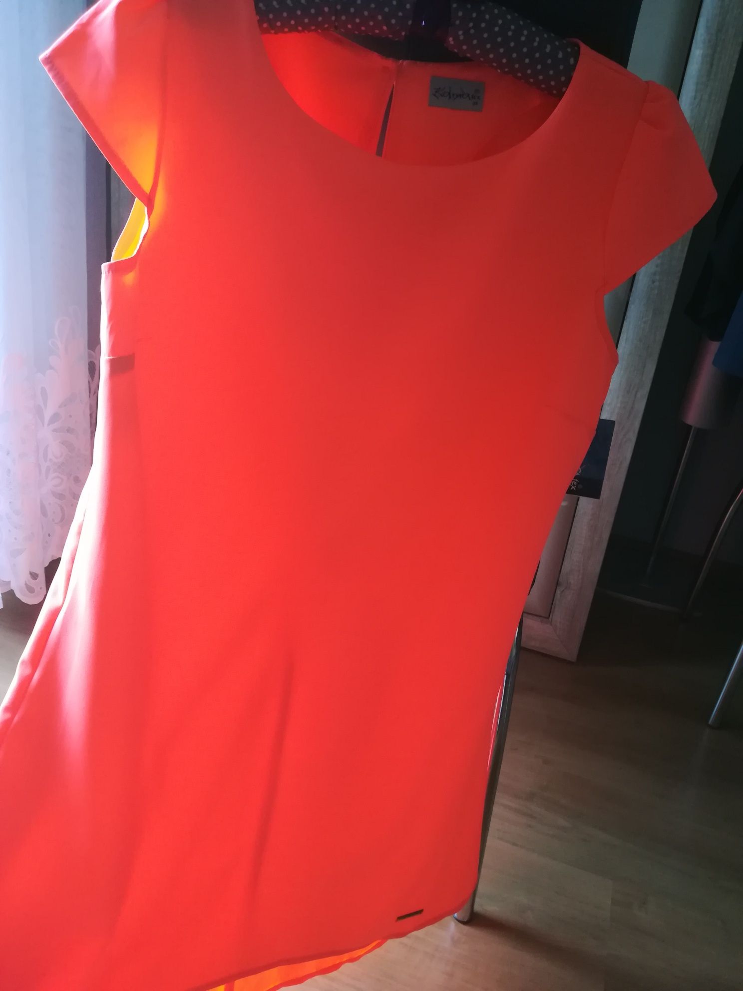 Kamax sukienka neonowy pomarańcz 40 wesele lato poprawiny dłuższy tyl