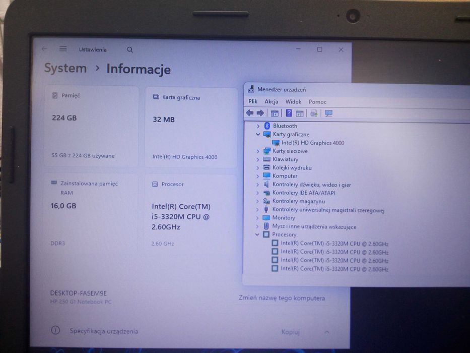Laptop do domu HP 250 15,6" HD i5 16GB 240SSD W11 GW FV