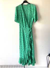 Kopertowa dluga zielona sukienka grochy kropki falbanki