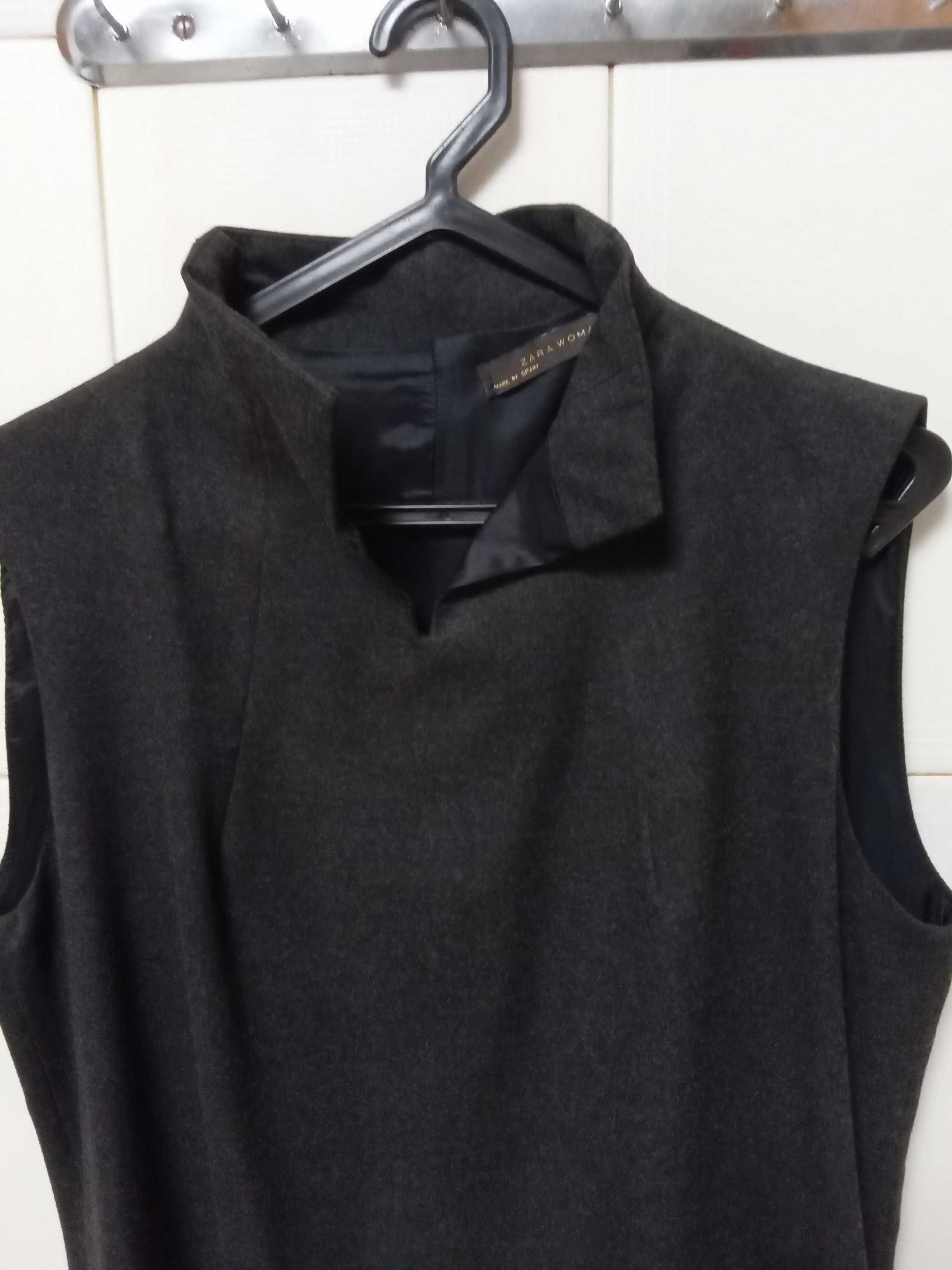 Vestido fazenda de lã fina, cinza escuro, ZARA, novo, L