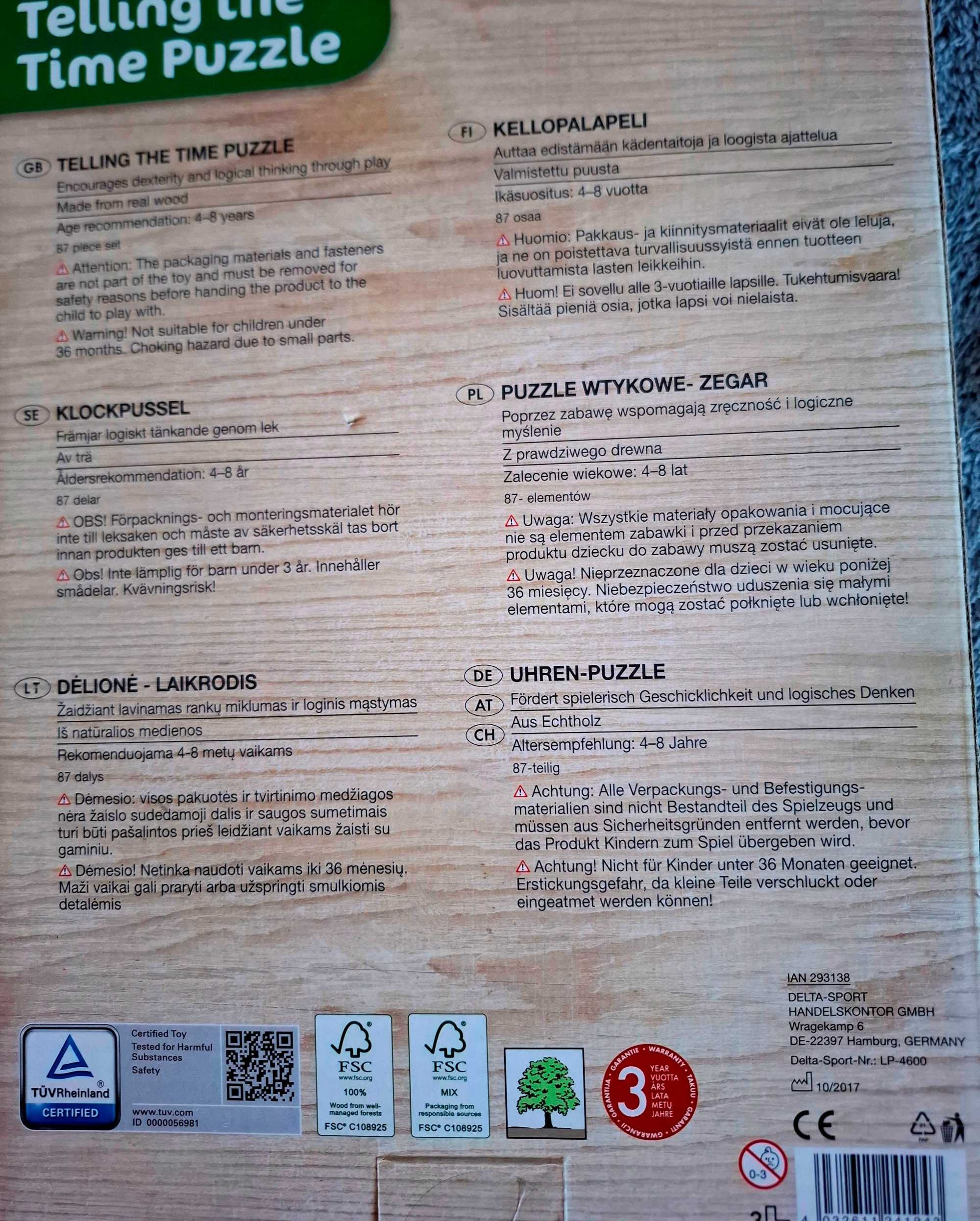 Playtive Puzzle wtykowe drewniana układanka zegar od 4 do 8 lat