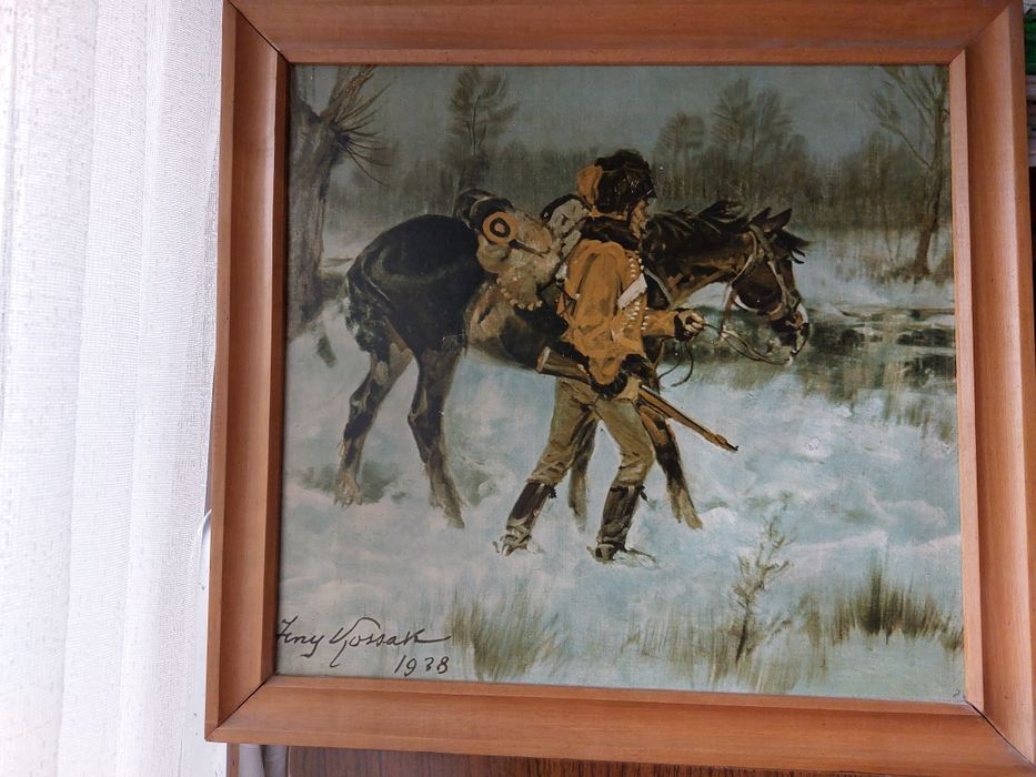 Jerzy Kossak Huzar z Koniem 1938 reprodukcja rama drewniana mały feler