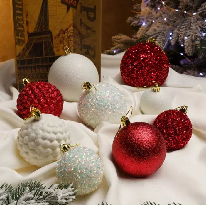 Кульки на ялинку набір 40шт, червоні з білими кульки на ялинку