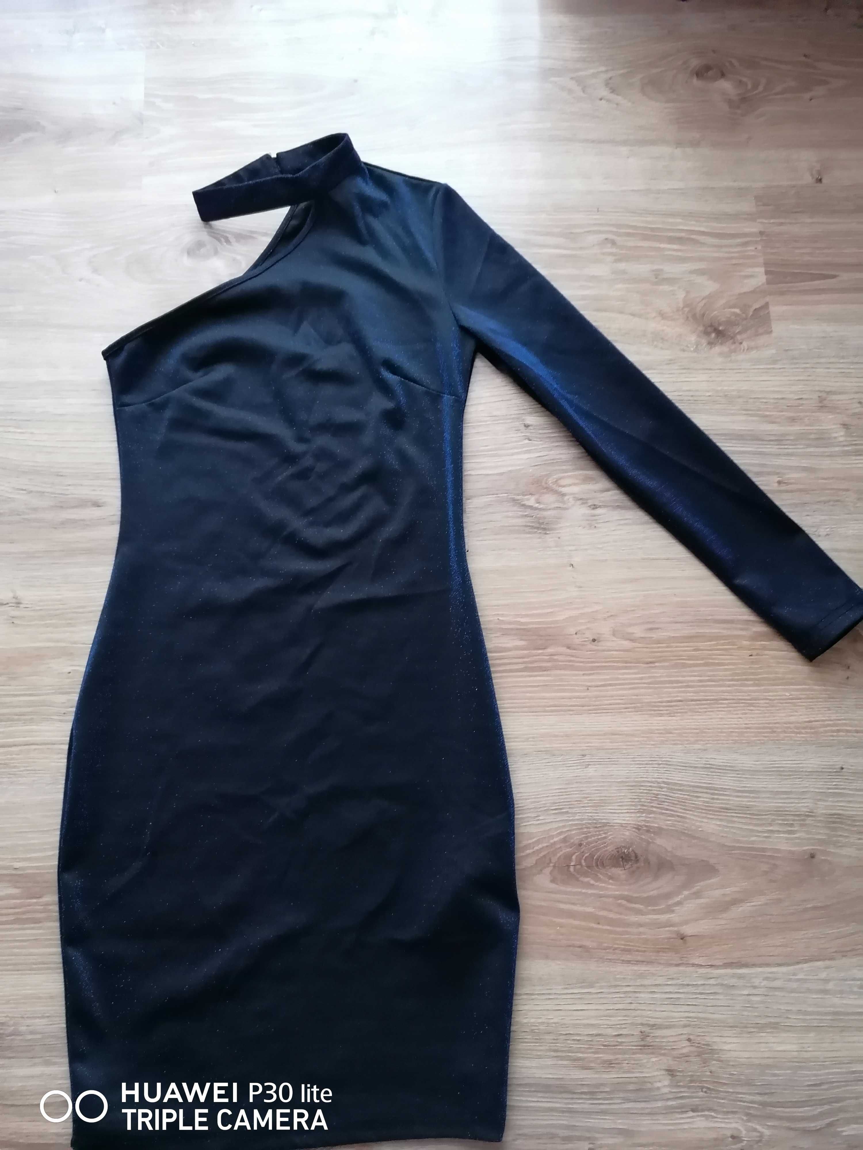 Sukienka czarno niebieska/ choker/ jedno ramie/S/ sylwester/ostatki