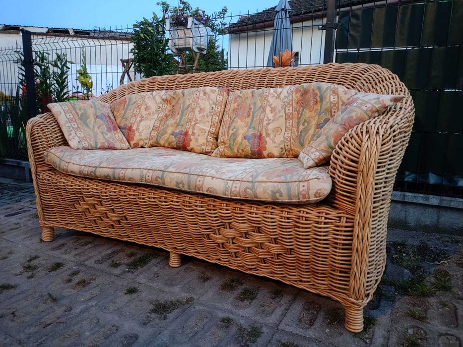 Kanapa Sofa rattanowa naturalny oplot GRUBY poduszki dwuosobowa rattan