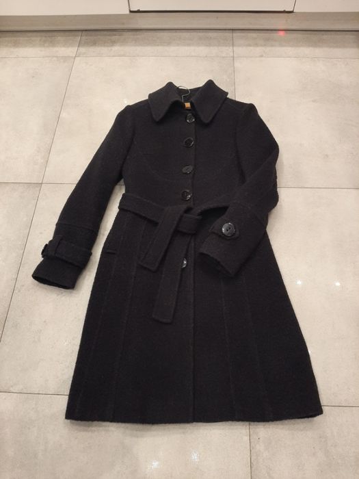 Płaszcz wełniany z paskiem fioletowo-czarny XS
