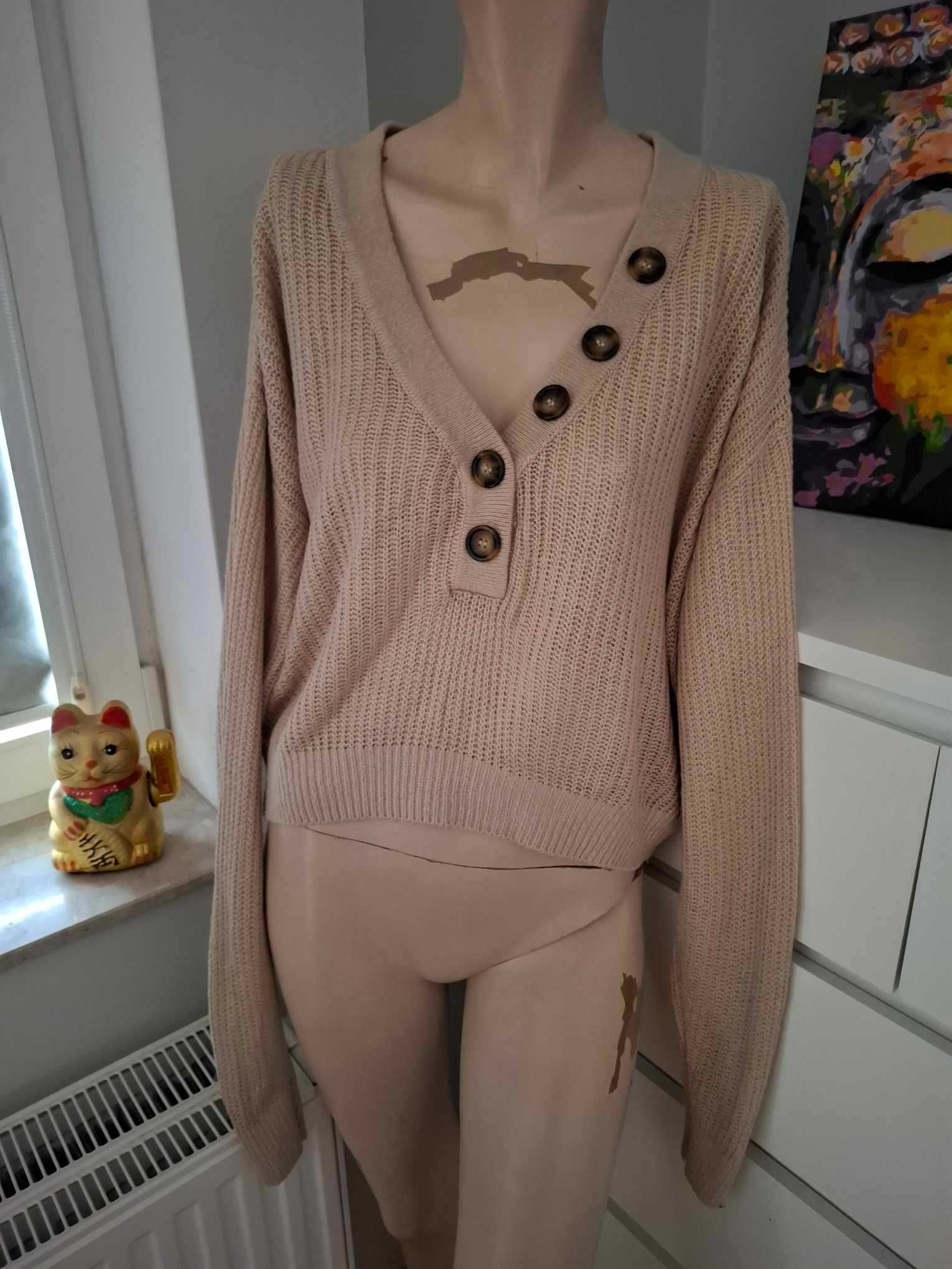 S 36 H&M bezowy sweter z długim rękawem z dekoltem v dekolt serek