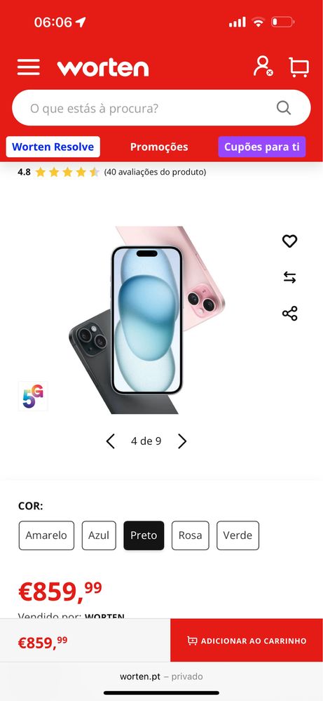 Iphone 15 novo 256gb 750€