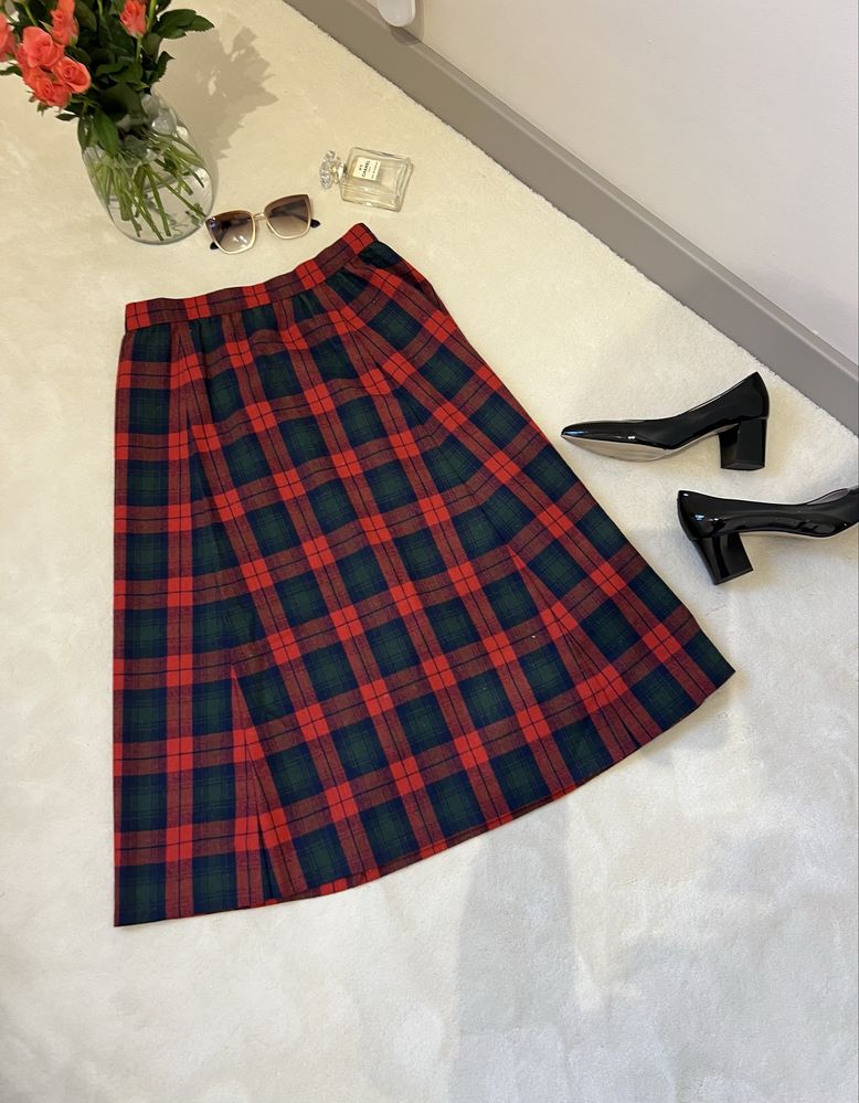 Spódnica midi szkocka krata true wintage wełna len hand made retro