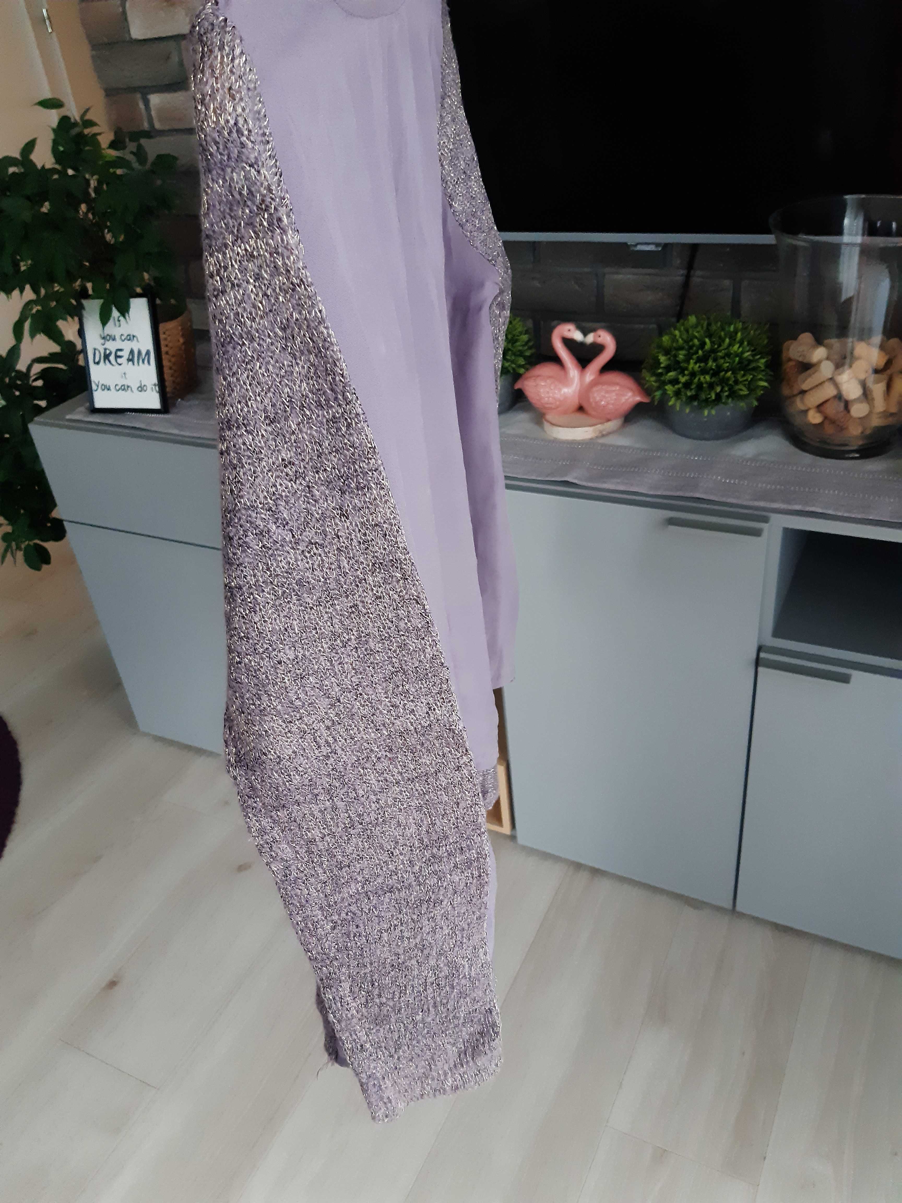 Sweter wrzosowy pastelowy ze złotą nitką dłuższy tył S 36
