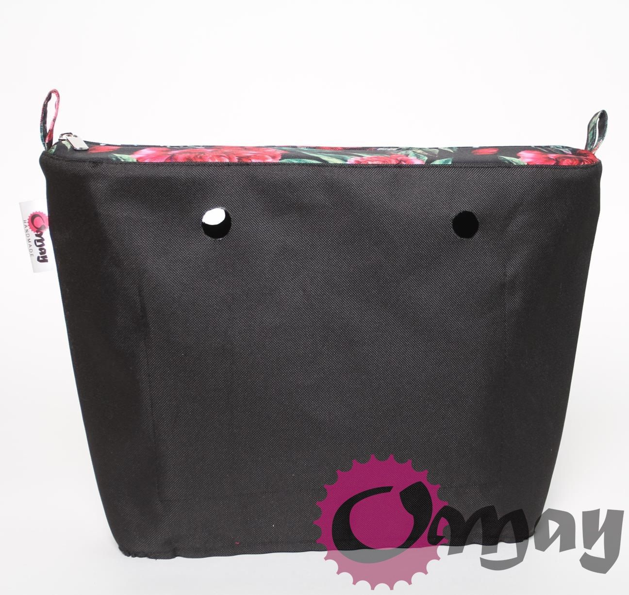 Czarny organizer do OBAG MINI piwonie czerwo 2 kieszenie wnętrze OMAY