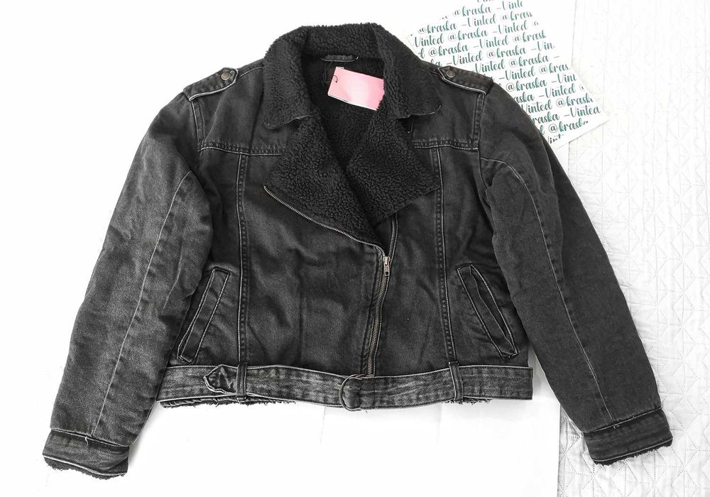 Ramoneska sherpa M/L grafitowy denim Sinsay kurtka biker wszyty kożuch