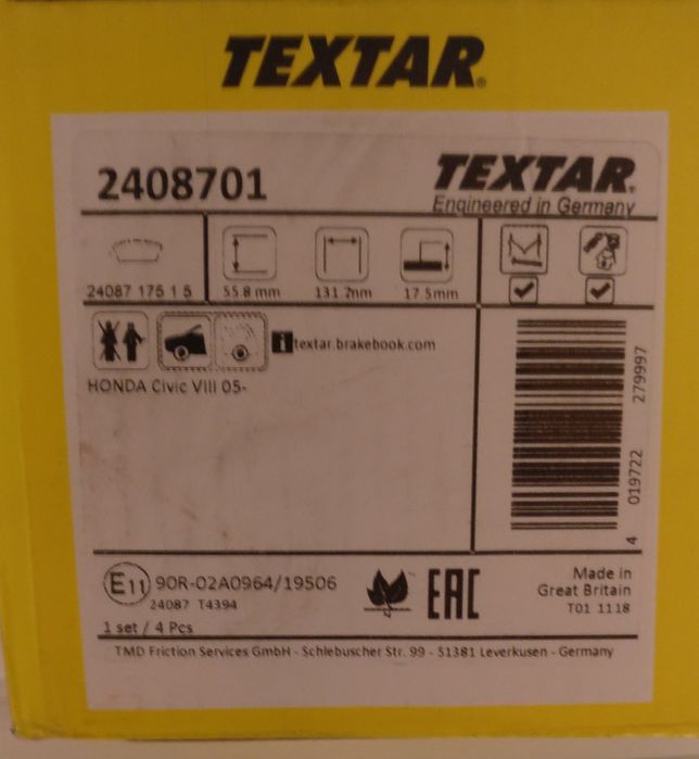 Pastilhas / Calços travões NOVAS Honda Civic VIII FN