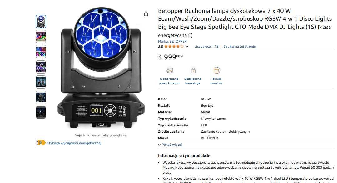 Ruchoma głowa dyskotekowa 7x40W, zoom, DMX, spotlight, 280W, LED