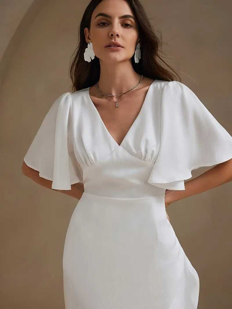 Nowa śnieżno biała sukienka elegancka, długa sukienka na imprezę R. XL