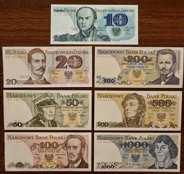 UNC, zestaw banknotów PRL: 10, 20, 50, 100, 200, 500, 1000 złotych