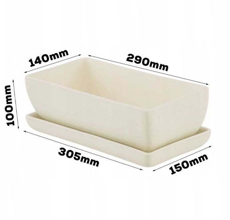 Doniczka Kaktusiarka prostokątna z ceramiki w kolorze bialy mat. 30cm