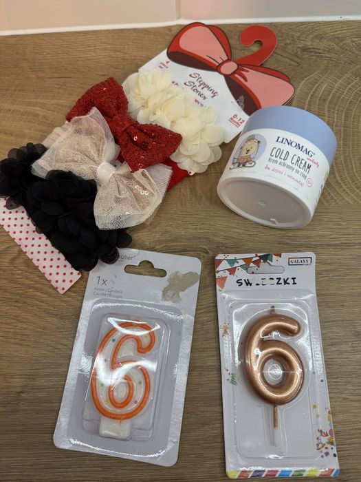 Opaski na głowę nowe, 2 świeczki 6 i cold cream Linomag