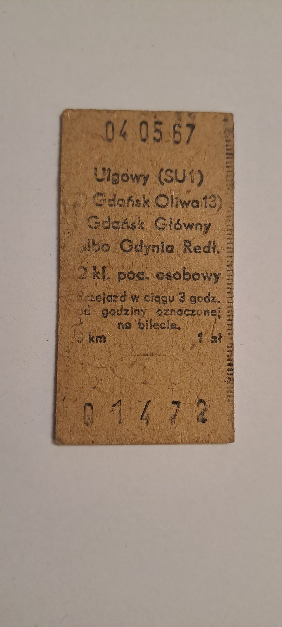 Bilet kolejowy kartonikowy PKP Gdańsk Oliwa - Główny / Gdynia Redłowo