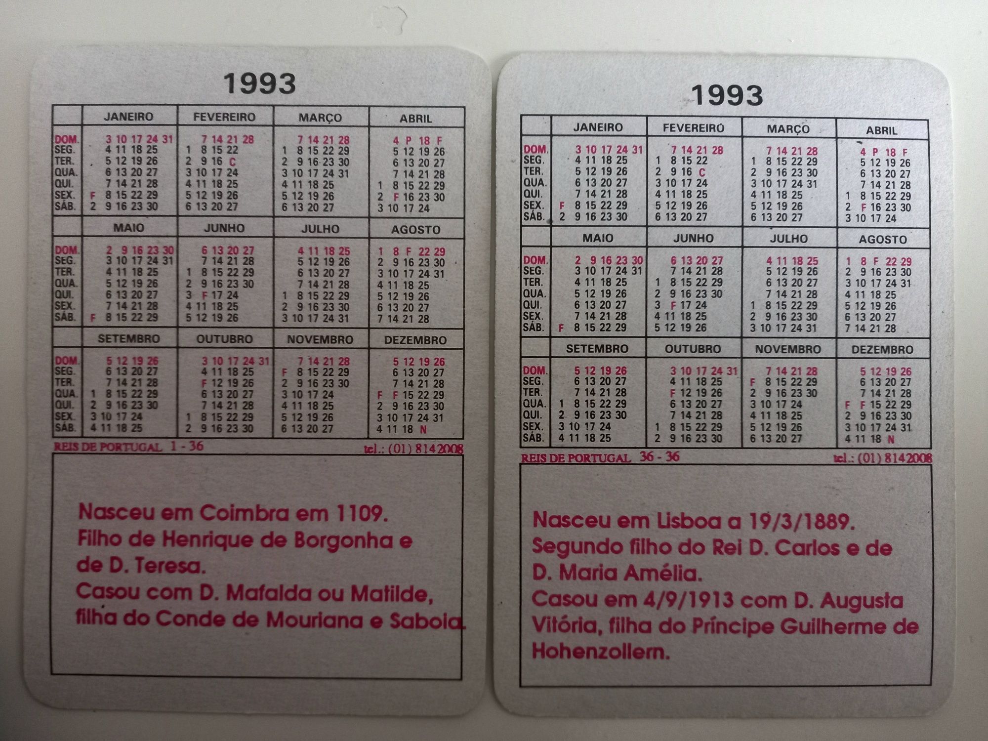 Coleção de 36 Calendários de bolso numerados tema "Reis de Portugal"