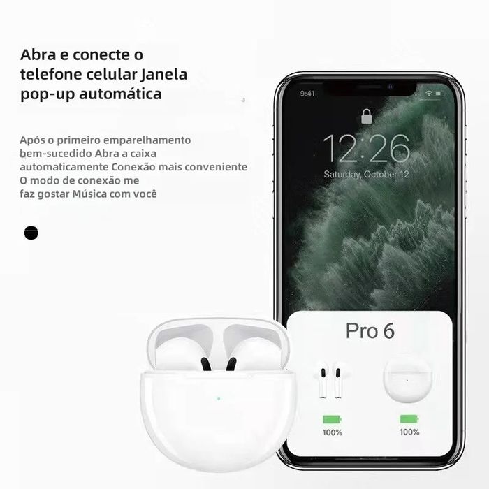 Fones / Auriculares / Auscultadores sem fios Pro6 Bluetooth Novos (EarPods / Earphones / EarBuds)
