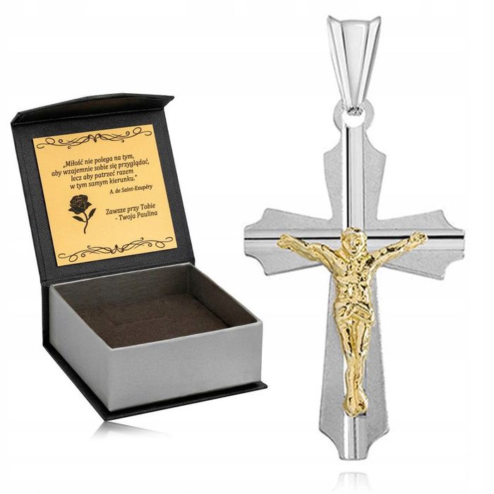 Piękny Srebrny Krzyż Diamentowany Pr. 925 Rodowany Krzyżyk Pozłacany J