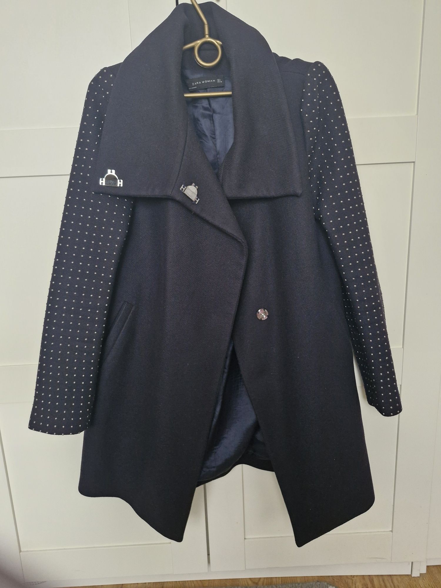 Zara płaszcz wełna M/L granat dżety ćwieki