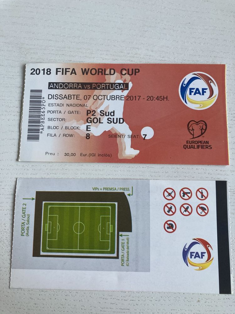 Bilhete Andorra x Portugal - 2017  qualificaçao mundial 2018