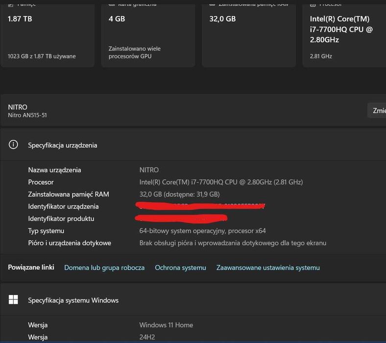 Laptop Acer Nitro 5/i7-7700HQ/32GB/GTX 1050 4GB/SSD 2TB/WIN 11 24H2