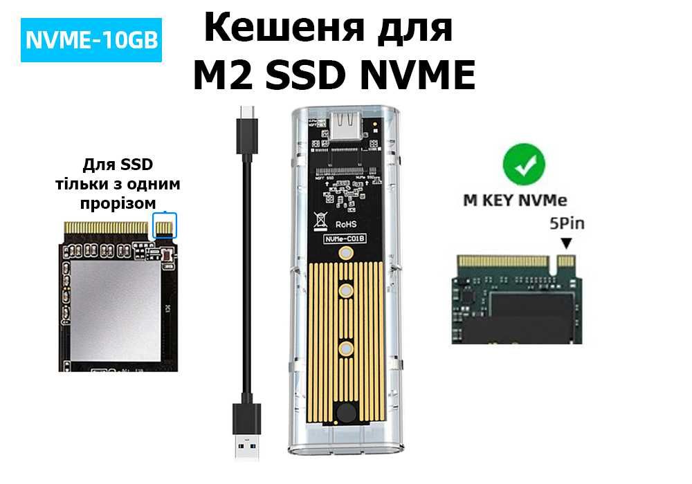 Кешені для M.2 NVME та SATA SSD карман Type C 10 Gbps зовнішній диск