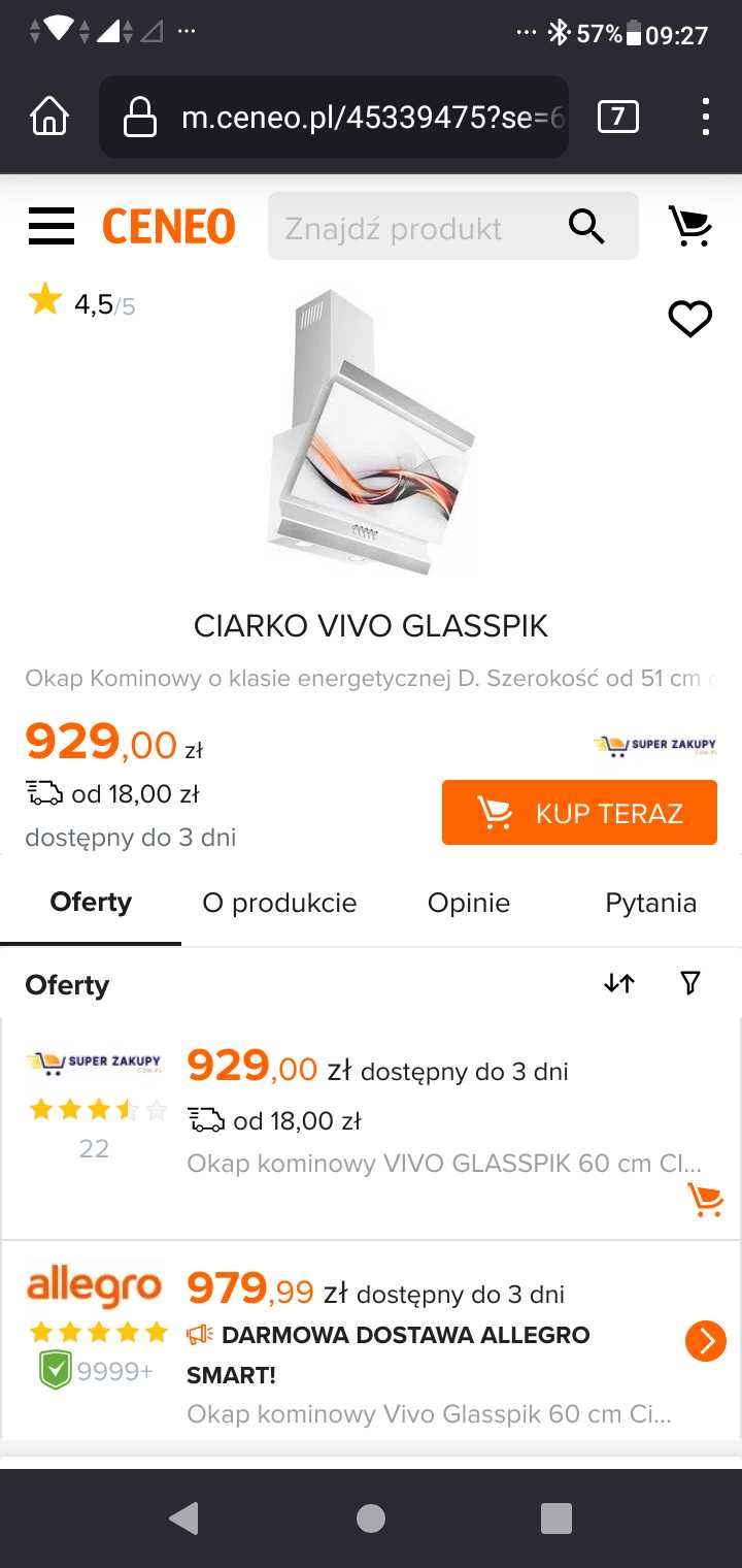 Okap Ciarko VIVO Glasspik 450 zł - nowy