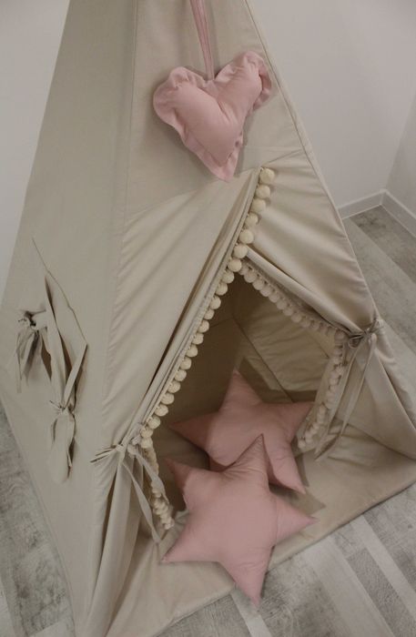 Dostępny od ręki! TIPI namiot beżowy, brudny róż, pomponiki