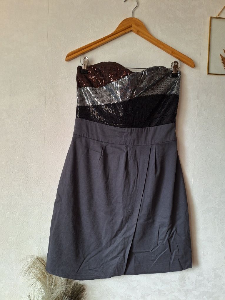 Sukienka B.Young 38 M szara cekiny ołówkowa gorsetowa podszewka