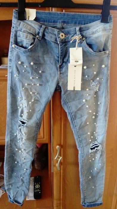 Super spodnie jeansowe perełki dzety SM.