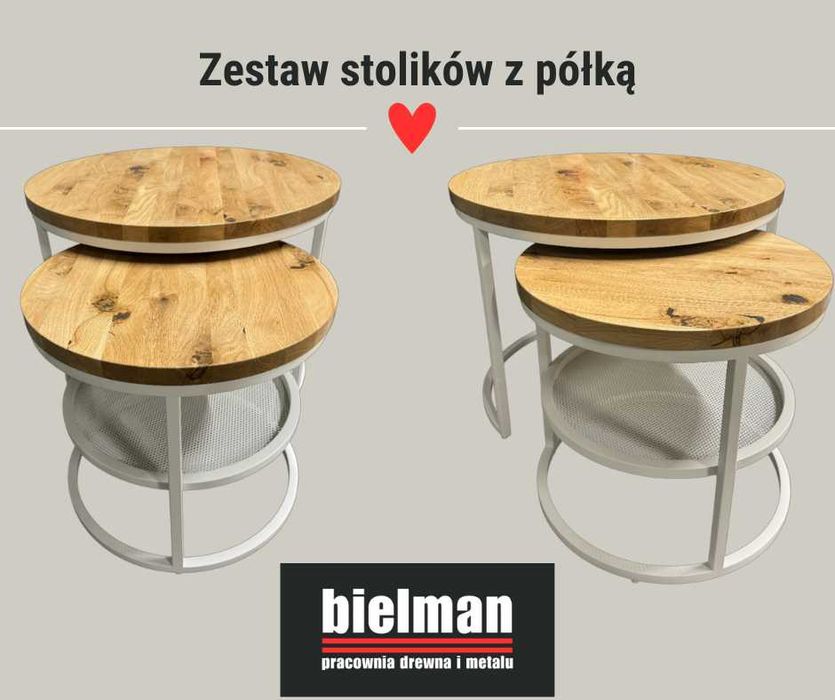 Zestaw Stolików Kawowych Okrągłych z półką 50/70 Dąb Drewno Naturalne