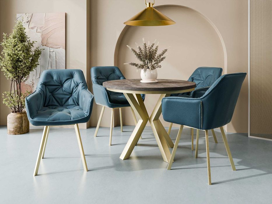 Zestaw Industrialny Stół Okrągły z 4 krzesłami tapicerowanymi Rosa