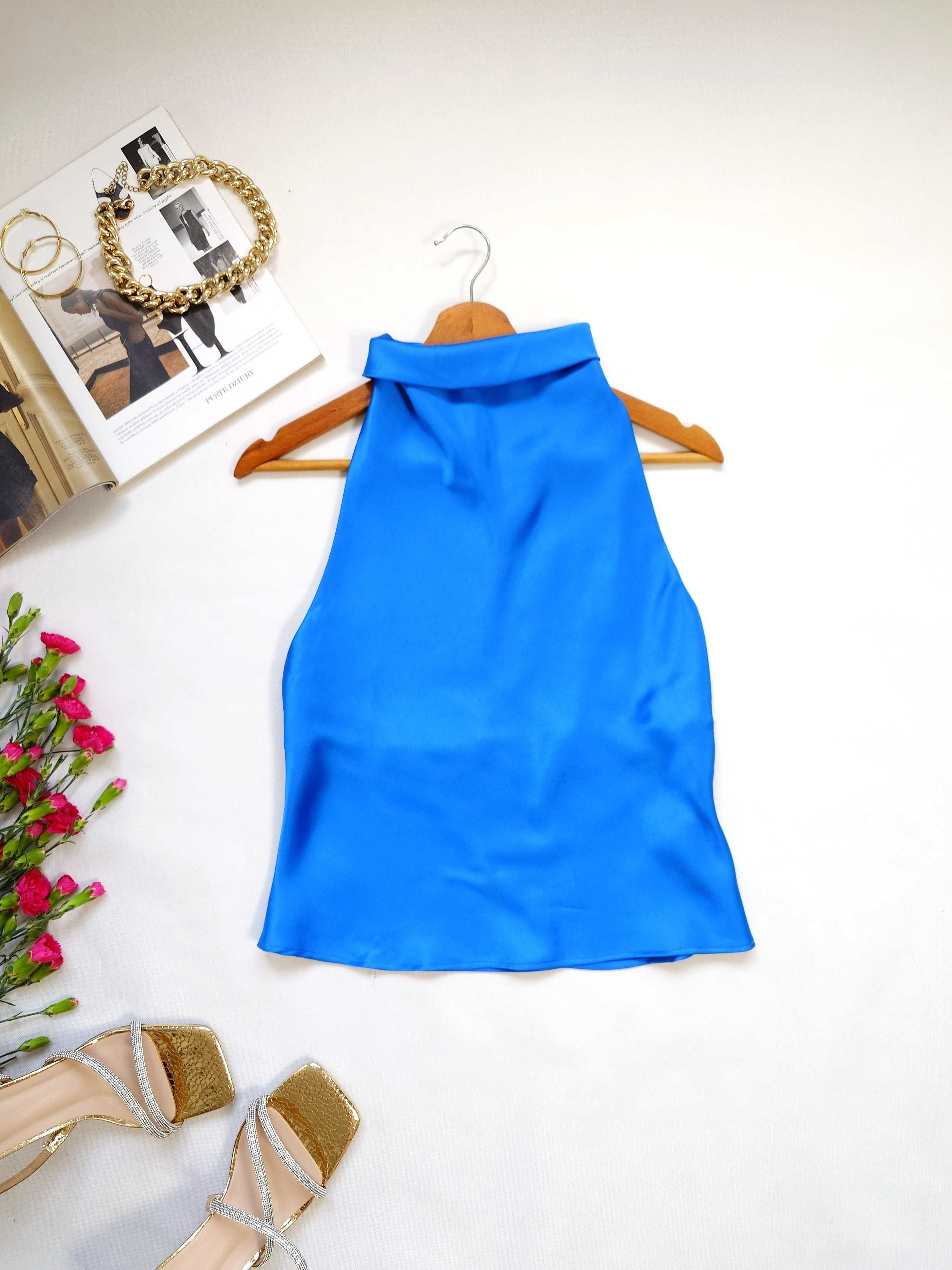 Niebieski satynowy top halter, Zara XS