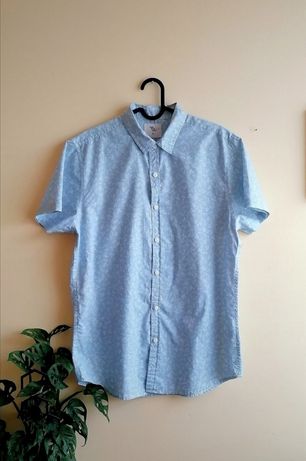 Błękitna koszula męska w białe wzory, rozmiar M