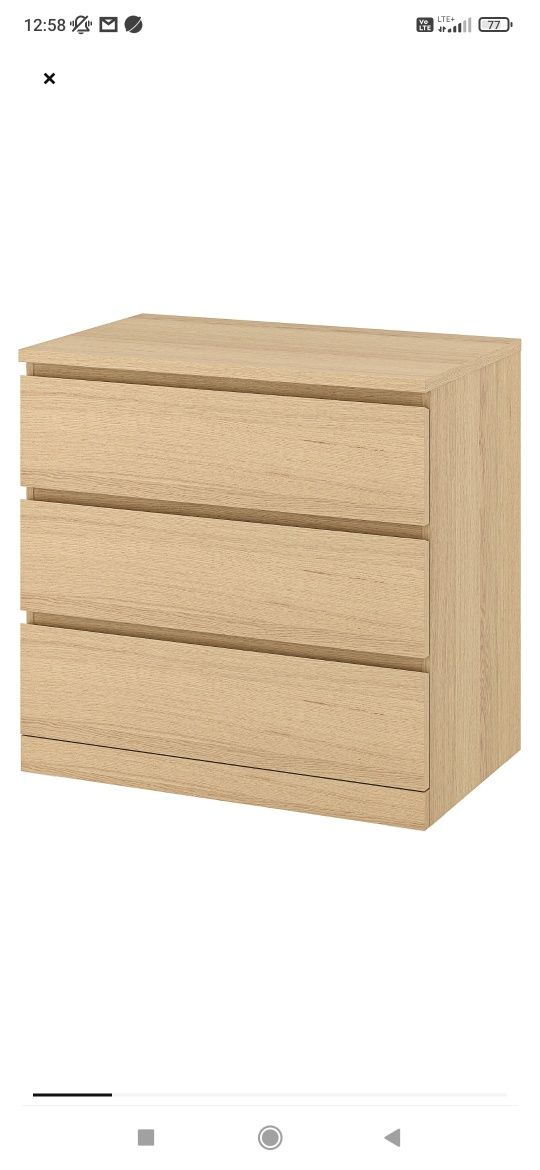 Komoda IKEA Malm, 3 szuflady, dąb bejcowany na biało  80x78