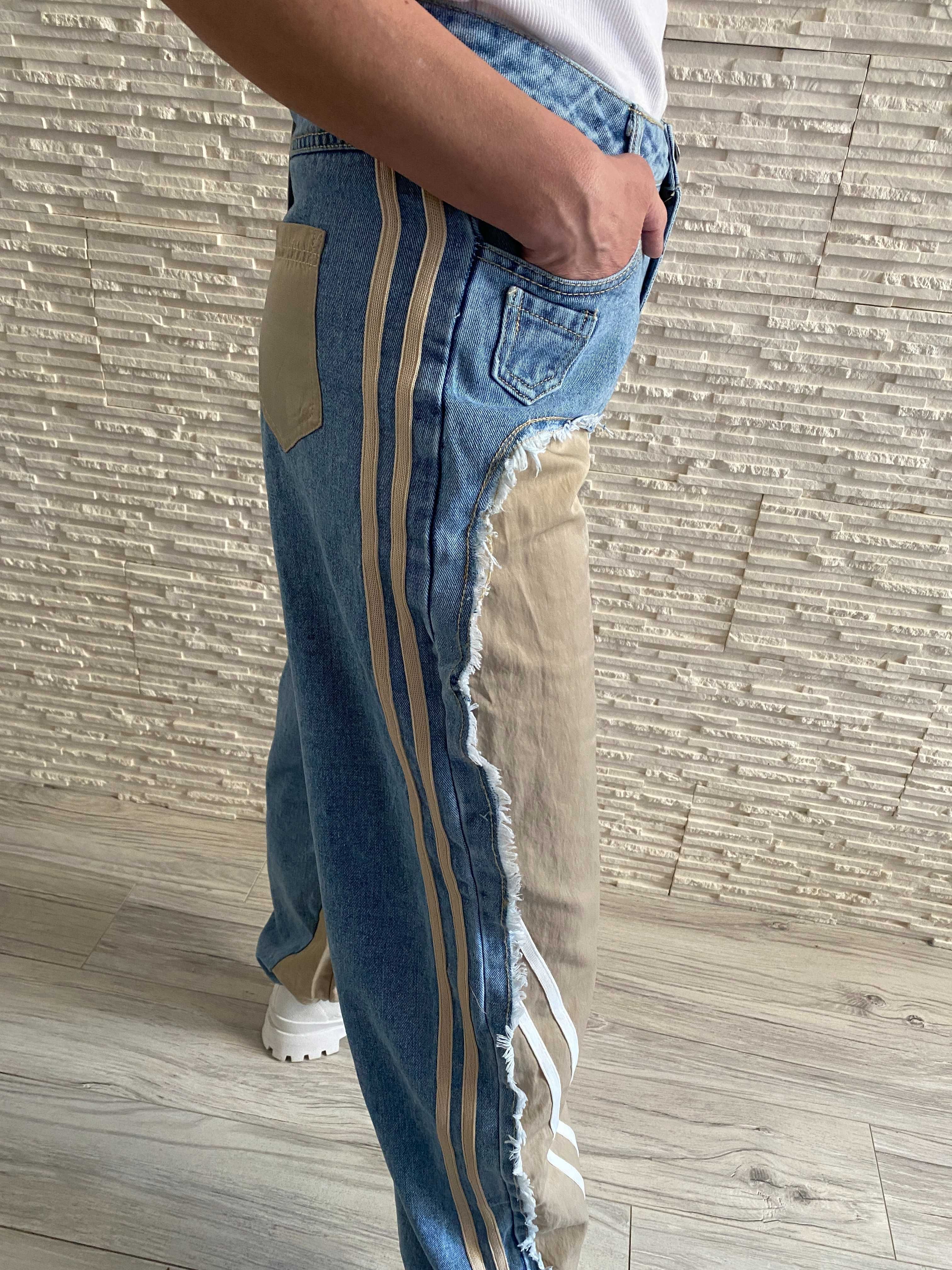 Flam Moda nowe spodnie pumpy - prosta nogawka z paskami jeans